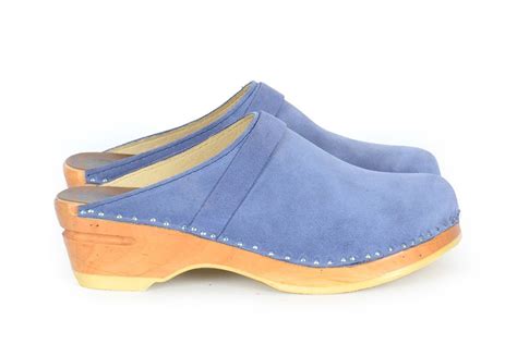 blue suede clogs